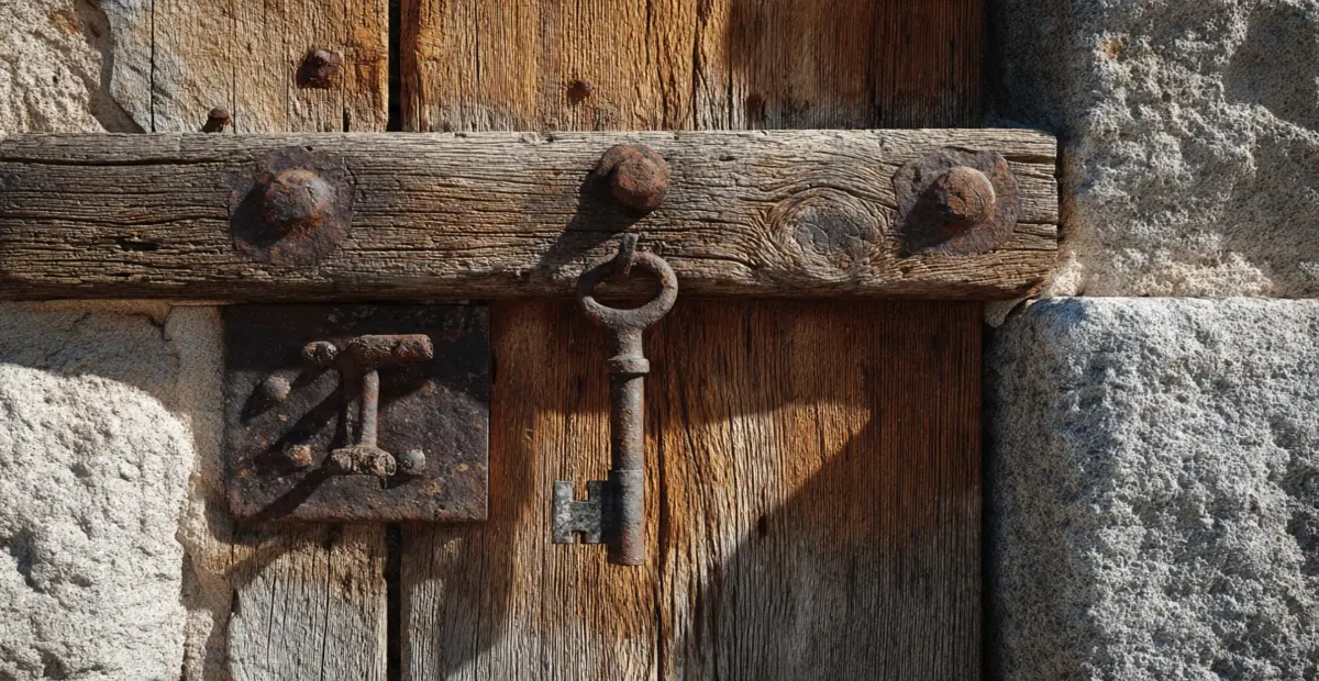 Παλιό σιδερένιο κλειδί κρεμασμένο στην τρύπα της ξύλινης αμπάρας σε εξώπορτα μανιάτικου σπιτιού στη Μέσα Μάνη