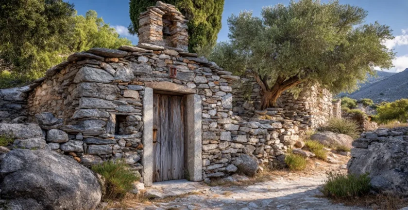 Μανιάτικη πέτρινη εκκλησία στη Μέσα Μάνη με το κλειδί κρεμασμένο στη θυρίδα πάνω από την πόρτα