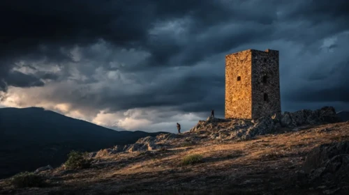 Τετράγωνος μανιάτικος πολεμόπυργος στο σούρουπο. Δύο ένοπλες σιλουέτες. Ο νόμος της Γενιάς και η βεντέτα στη Μέσα Μάνη.