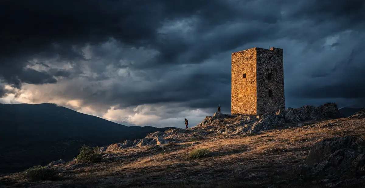 Τετράγωνος μανιάτικος πολεμόπυργος στο σούρουπο. Δύο ένοπλες σιλουέτες. Ο νόμος της Γενιάς και η βεντέτα στη Μέσα Μάνη.